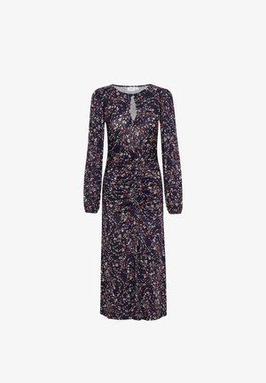 Virágmintás ruha sötétkék színben, hosszú ujjakkal és kerek kivágással. A derekán ráncolt részletek és egy kulcslyuk kivágás található.