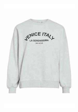 Grauer Pullover mit rundem Ausschnitt und langen Ärmeln. Auf der Vorderseite befindet sich schwarzer Text: "VENEDIG ITALIEN LA SERENISSIMA EST.421 n. Chr."
