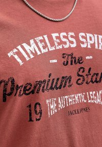 Detalle en primer plano de un texto desvanecido en una tela de color óxido que dice "ESPÍRITU ETERNO", "Estrella Premium", "19" y "LA LEYENDA AUTÉNTICA."
