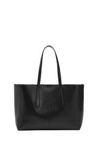 Czarna skórzana torba na ramię z dwoma długimi uchwytami, o prostokątnym kształcie, gładkiej teksturze i minimalistycznym designie. Brak widocznych okuci ani dodatków.