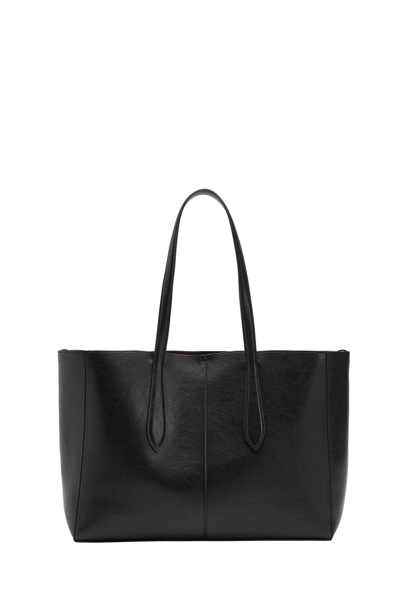 Czarna skórzana torba na ramię z dwoma długimi uchwytami, o prostokątnym kształcie, gładkiej teksturze i minimalistycznym designie. Brak widocznych okuci ani dodatków.