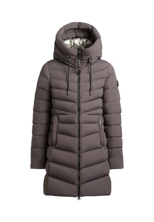 Giacca a vento in grigio scuro, caratterizzata da un alto collo, cappuccio regolabile, chiusura con zip e motivo trapuntato diagonale con tasche laterali.