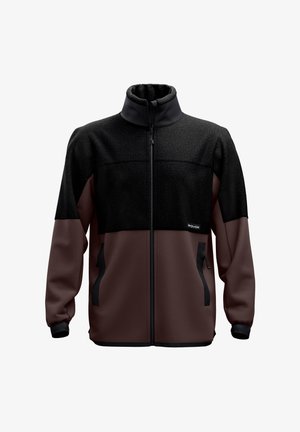 Fleece-Patrullejacke mit schwarzem oberen Teil, braunem unteren Teil, hohem Kragen und zwei seitlichen Taschen mit schwarzen Akzenten.