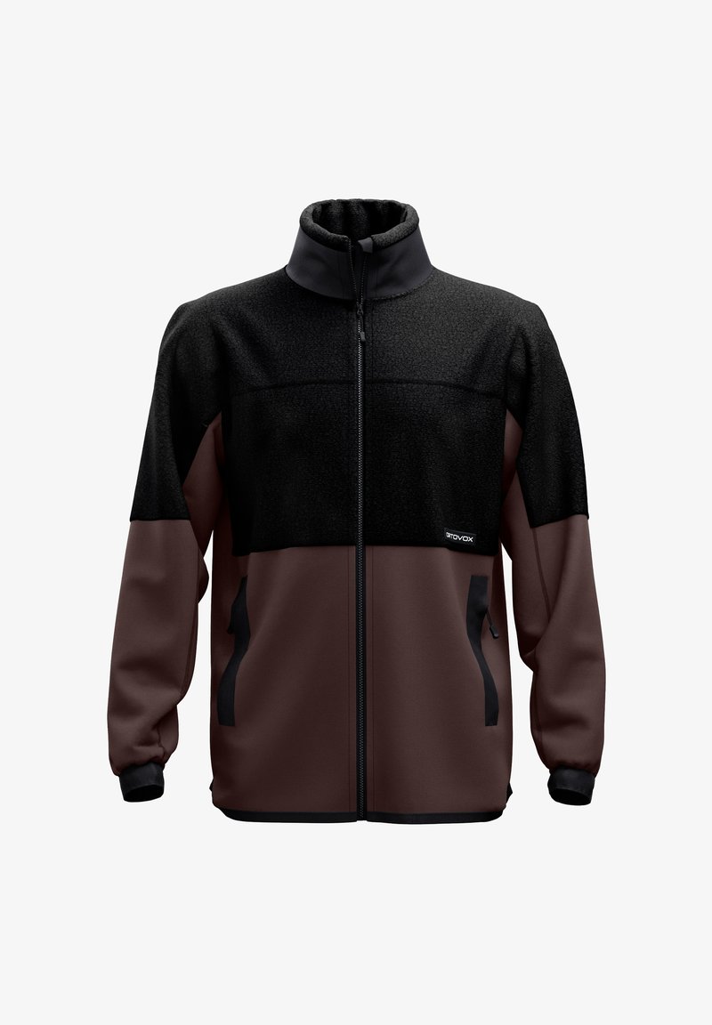 Fleece-Patrullejacke mit schwarzem oberen Teil, braunem unteren Teil, hohem Kragen und zwei seitlichen Taschen mit schwarzen Akzenten.