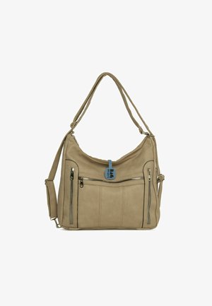 Borsa beige a tracolla con doppi manici, chiusura superiore con zip, materiale sintetico testurizzato, tasche frontali con zip e un'etichetta decorativa blu.