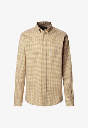 Camicia a maniche lunghe con bottoni in motivo a quadri gialli e bianchi. Presenta un colletto classico, tasca frontale e una vestibilità regolare.