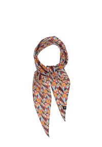 Multicolored scarf featuring a geometric pattern in hues of orange, red, blue, and yellow. Made of a soft, lightweight fabric.