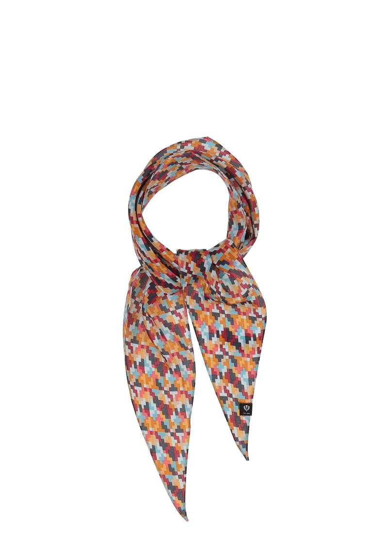 Multicolored scarf featuring a geometric pattern in hues of orange, red, blue, and yellow. Made of a soft, lightweight fabric.