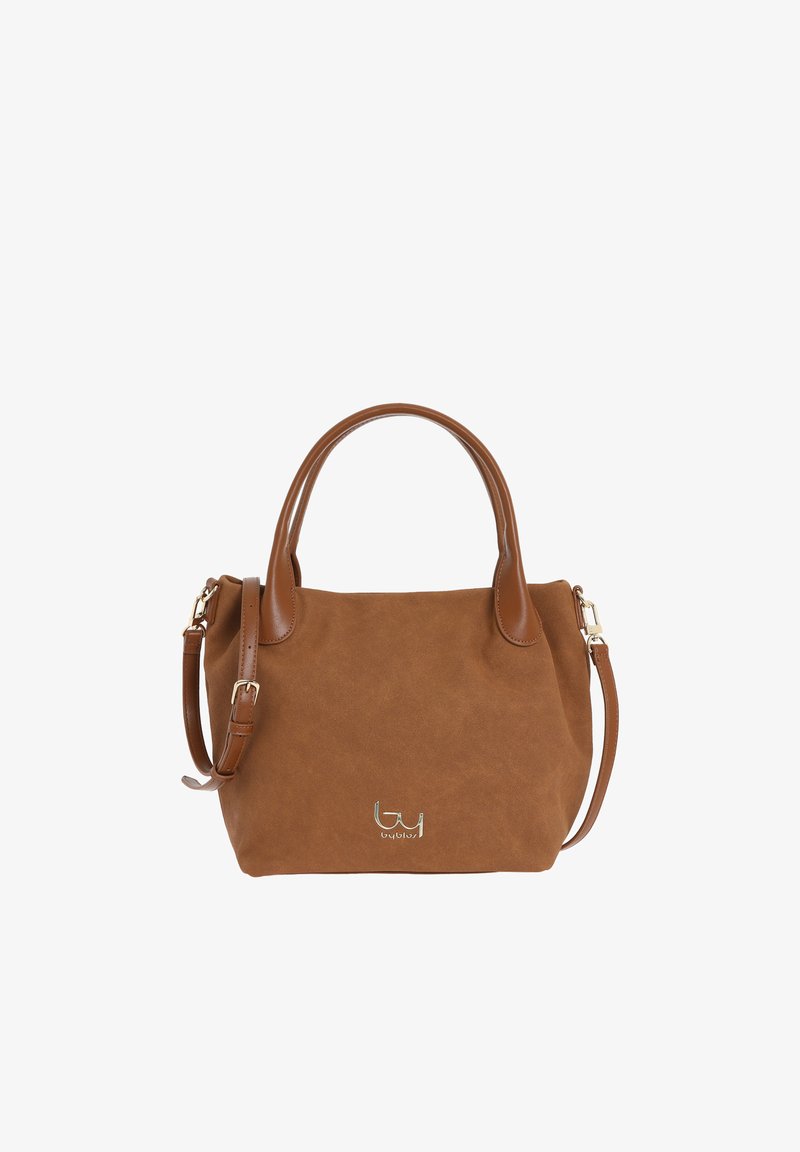 Borsa a tracolla in suede marrone con doppio manico superiore e tracolla removibile. Presenta un discreto logo sulla parte anteriore. Texture liscia.