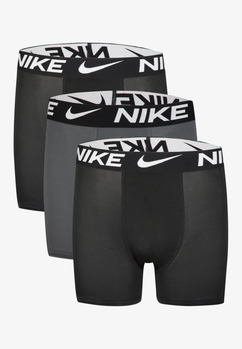 Drei Paar schwarze und graue Nike Herren-Boxershorts mit elastischen schwarzen Taillengummis und weißem Nike-Logo-Text.