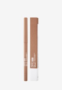 Brown automatic eyebrow pencil alongside a kraft paper box. Pencil has a smooth, matte finish; box features white text and minimalist branding.