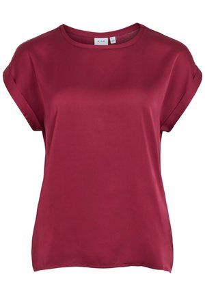 Īsām piedurknēm sieviešu blūze tumši sarkanā krāsā ar apaļu kakla izgriezumu un salocītām piedurkņu aprocēm, izgatavota no gludas auduma.