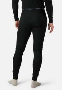 Sorte termoleggings med en ribbet struktur, der har en bred elastisk talje med teksten "SWEDEMOUNT." Bæreres med lyse grå sokker.