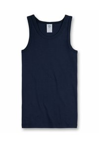 Canotta in cotone biologico blu navy con scollo rotondo, spalline larghe e una texture liscia. Presenta un'etichetta al centro della schiena.