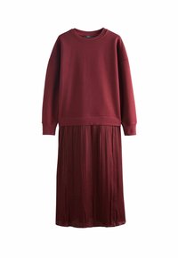 Burgundy klänning med en åtsittande överdel och en flödande plisserad kjol. Tillverkad av mjukt tyg, med långa ärmar och rundad halsringning.