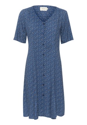 Navy blue floral dress with short sleeves, v-neckline, and button front. It features a soft fabric with a lightweight, flowing design.