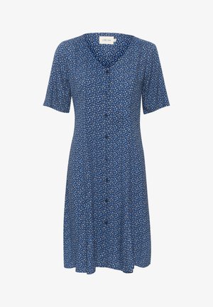 Mørkeblå blomsterkjole med korte ærmer, v-hals og knap foran. Den har et blødt stof med et let og flydende design.