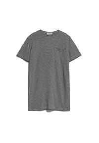 Gestreiftes kurzärmeliges T-Shirt in Schwarz und Weiß mit Rundhalsausschnitt und einer Brusttasche. Hergestellt aus einem weichen Stoff mit leichter Textur.