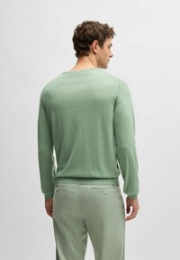 Hellgrüner Pullover mit langen Ärmeln und Rundhalsausschnitt. Der Stoff wirkt weich, strukturiert und leicht dehnbar. Minimalistisches Design, keine sichtbaren Muster.