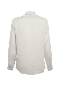 Lange mouw shirt van lichtbeige stof, met een klassieke kraag, knoopmanchetten en een rechte zoom met zijsplitten.
