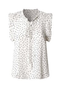 Blusa senza maniche bianca con pois neri, spalline arricciate, scollatura con nastro e pon-pon, e una sottile texture a righe verticali.