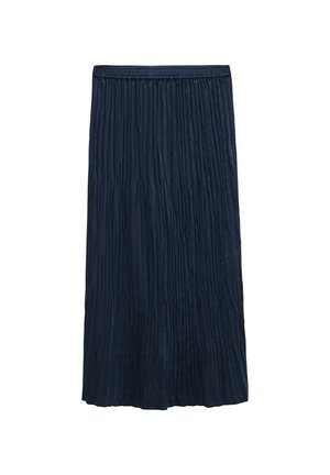 Navyblauwe tafelrok met een elastische tailleband, voorzien van een zachte textuur en een middellange stijl. Geen zichtbare patronen of hardware.