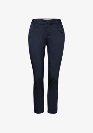Dark navy pants made of soft fabric, featuring a slim cut, front pockets, and a single button closure. No visible patterns or accents.