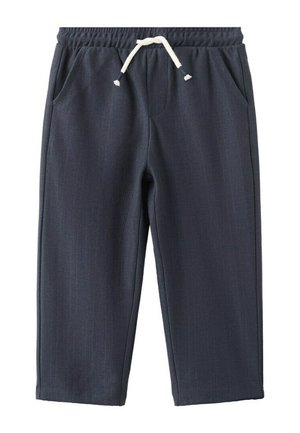 Tmavomodré pletené nohavice so elastickým pásom, bielym šnúrkou a bočnými vreckami, zobrazené na bielom pozadí.