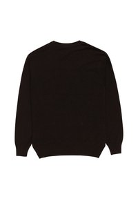 Brauner Pullover mit schlichtem Design, rundem Ausschnitt, langen Ärmeln und gerippten Bündchen. Weiche Textur, schlichte Rückseite und leicht verlängeter Saum.