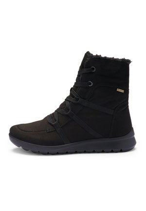Black mid-calf winter boot with thick sole, lace-up design, fleece lining, and Gore-Tex label on side for waterproof protection.