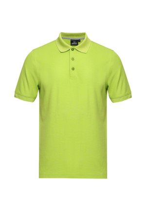 Polo shirt verde brillante in cotone, con colletto classico, patta con tre bottoni e maniche corte con una texture liscia.
