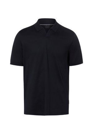 Czarna koszulka polo z krótkim rękawem, klasycznym kołnierzykiem i ukrytą listwą na guziki, widok z przodu na białym tle.