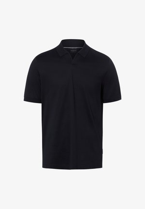 Schwarzes Poloshirt mit kurzen Ärmeln, klassischem Kragen und verdeckter Knopfleiste, Vorderansicht auf weißem Hintergrund.