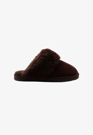 Brown suede slippers with a plush, furry top band and a rounded toe design. Sole is flat with a subtle texture.