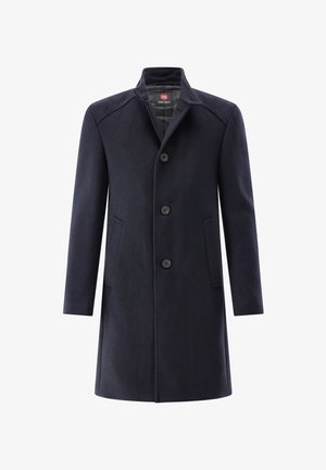 Marineblauer Mantel aus Wollmischung mit einem Reverskragen, fünf Knöpfen vorne, Seitentaschen und einer taillierten Passform. Glatte Textur, klassisches Design.