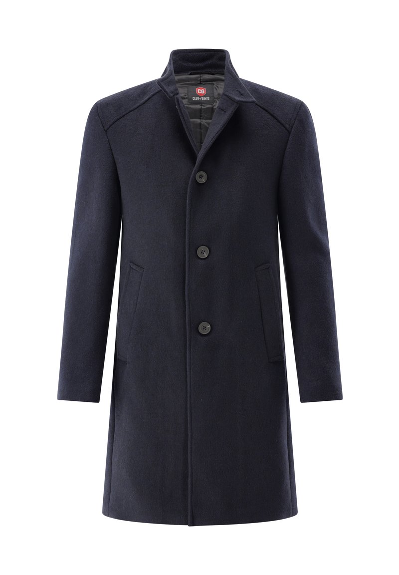 Marineblauer Mantel aus Wollmischung mit einem Reverskragen, fünf Knöpfen vorne, Seitentaschen und einer taillierten Passform. Glatte Textur, klassisches Design.
