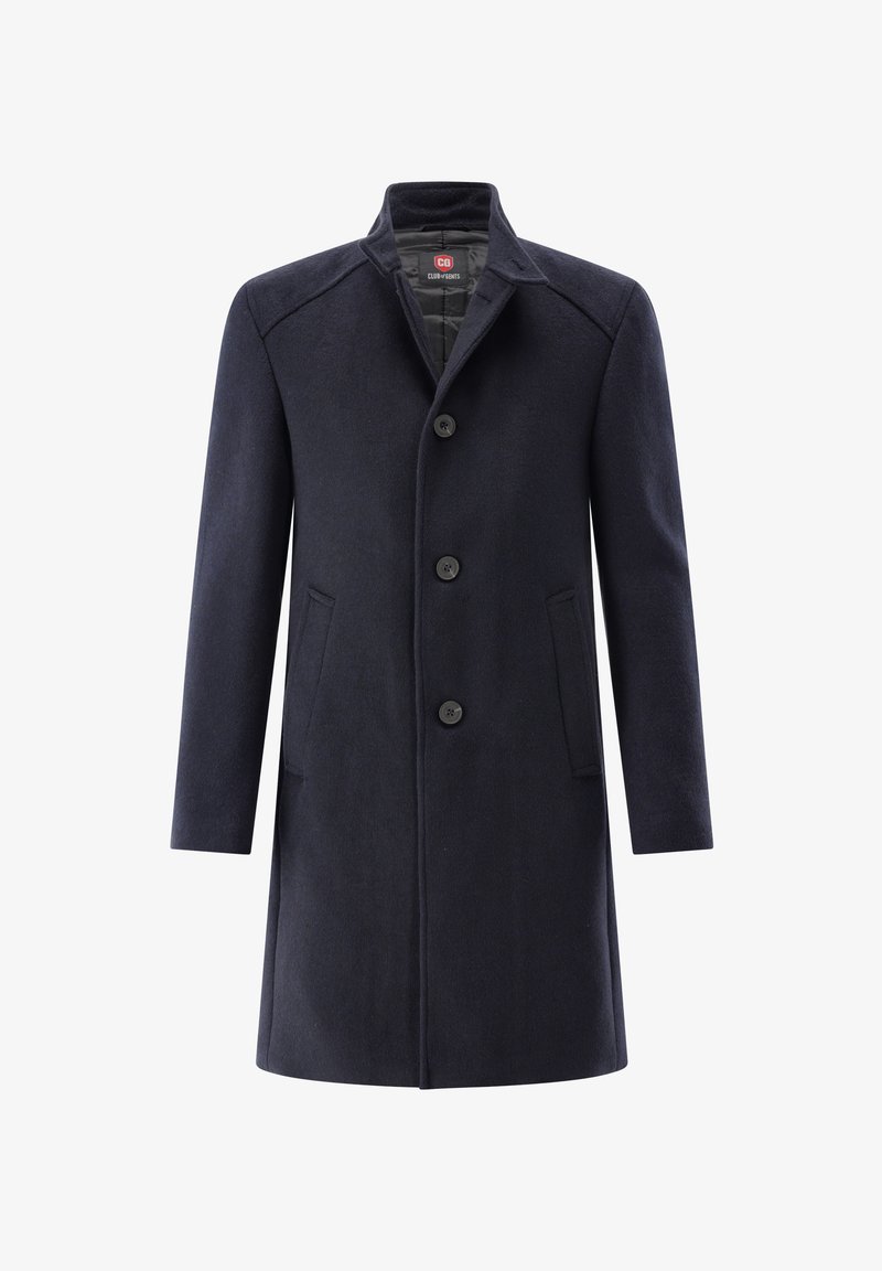 Navy wool blend coat with a notched collar, five front buttons, side pockets, and a tailored fit. Smooth texture, classic design.