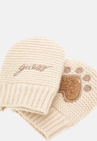 Mitten per bambino in morbido cotone beige, una con il logo ricamato "guess", l'altra con un design testurizzato a stampa di zampa.