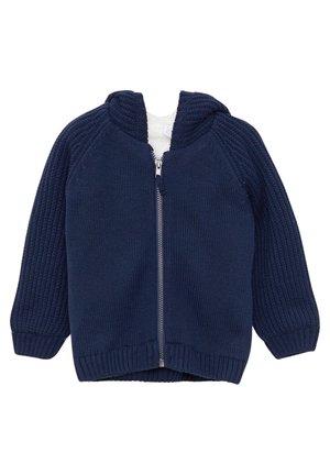Granatowa dzianinowa bluza dziecięca z kapturem zapinana na zamek, z długimi rękawami, prążkowanymi ściągaczami na mankietach i u dołu, z miękką podszewką.
