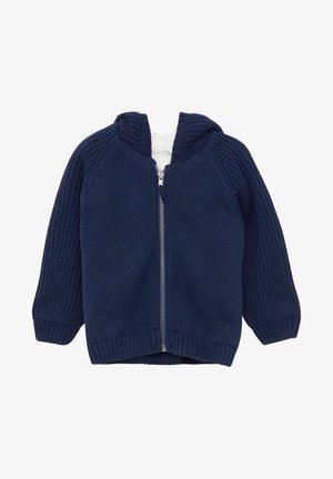 Donkerblauwe gebreide kinderhoodie met ritssluiting, lange mouwen en geribbelde boorden en zoom, met een zachte voering.