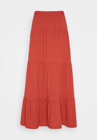 Jupe longue évasée en orange rouille avec une taille élastique et des panneaux de tissu froncés pour plus de volume.