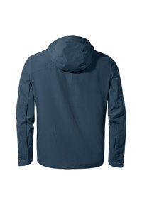 Marineblauwe lichtgewicht jas met capuchon, gladde structuur, lange mouwen en verstelbare manchetten. Bevat geen zichtbare logo's of patronen.