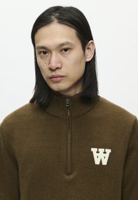 Brown zip-up sweater with ribbed collar and a small white embroidered 'W' logo on the left side. Soft texture, fitted design.