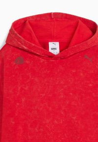 Czerwona bluza z kapturem wykonana z miękkiego materiału o fakturowanym wykończeniu. Posiada kieszeń z przodu, kontrastowe akcenty z logo oraz regulowany kaptur.