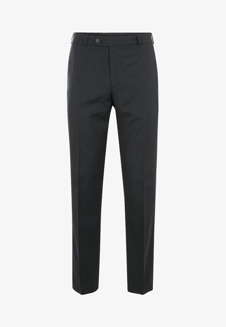 Pantalon habillé pour homme de couleur gris foncé, coupe droite slim, avec fermeture avant par bouton et passants pour ceinture.