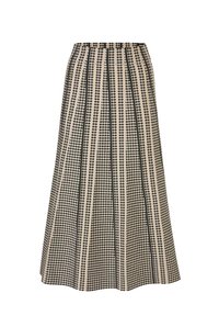 Hochtaillierte A-Linien-Rock mit schwarz-beigem vertikalen Streifenmuster, das kleine sternähnliche Formen zeigt.