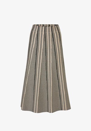 Hochtaillierte A-Linien-Rock mit schwarz-beigem vertikalen Streifenmuster, das kleine sternähnliche Formen zeigt.