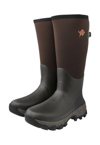 Brown neoprene boots with black rubber soles, featuring a textured grip pattern and logo detail, designed for waterproof and durable use.