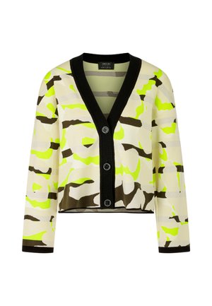 Cropped cardigan in cream with a camouflage pattern featuring neon green, gray, and dark brown accents; black ribbed neckline and button closure.
