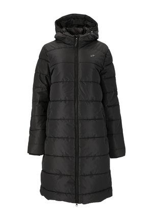 Musta puhvuntakki huoodilla, jossa on tikattu muotoilu, etuvetoketju ja sivutaskut. Valmistettu sileästä, vettähylkivästä materiaalista.